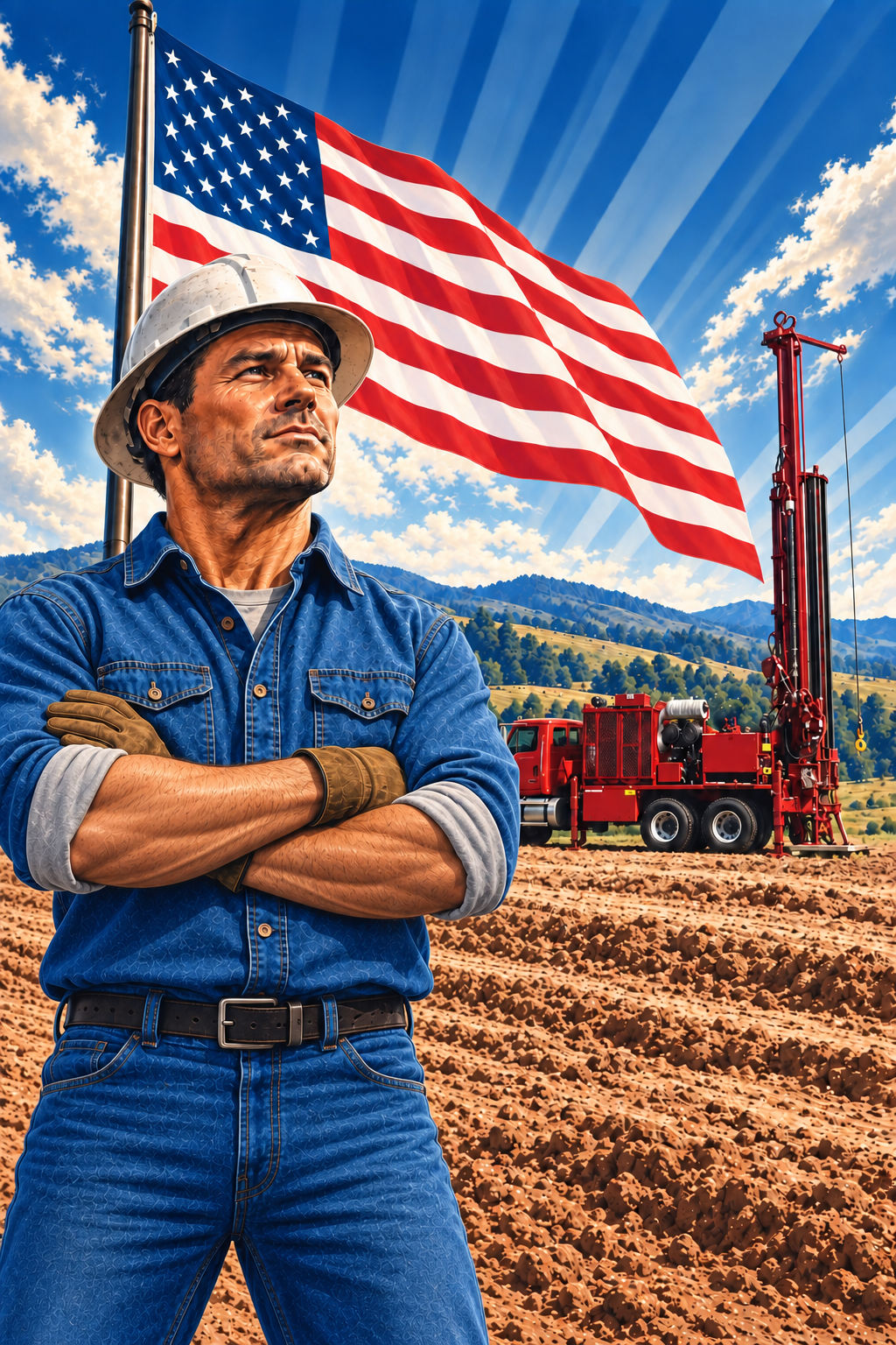 Modern Americana illustration of a well driller beside a truck with its raised mast mounted at the rear