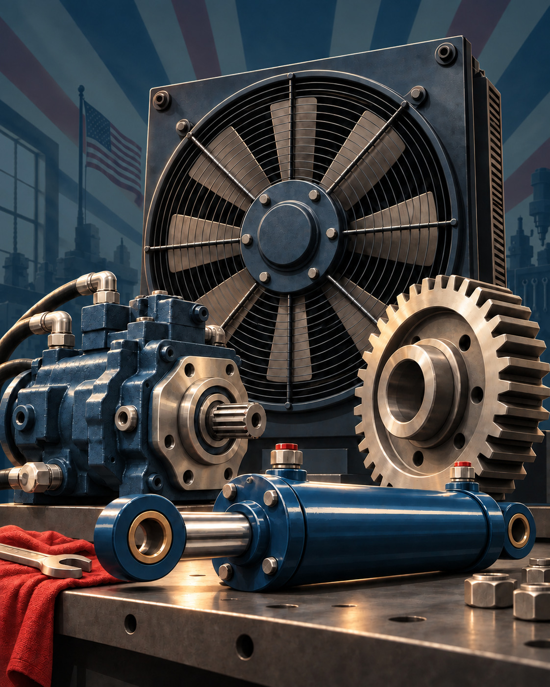 Modern Americana illustration of refurbished cooling fan, hydraulic pump, gear and cylinder