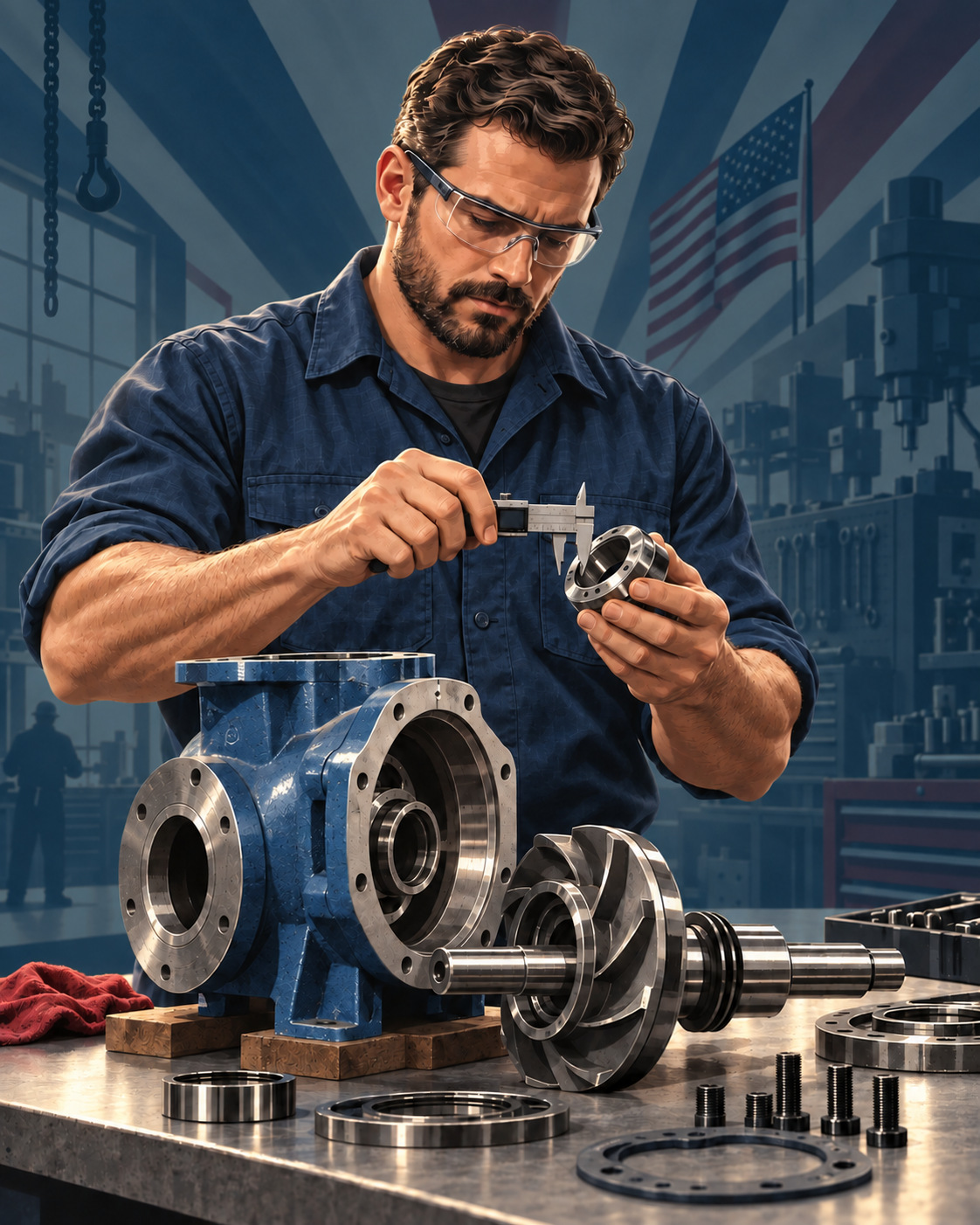 Modern Americana illustration of a skilled technician inspecting pump components