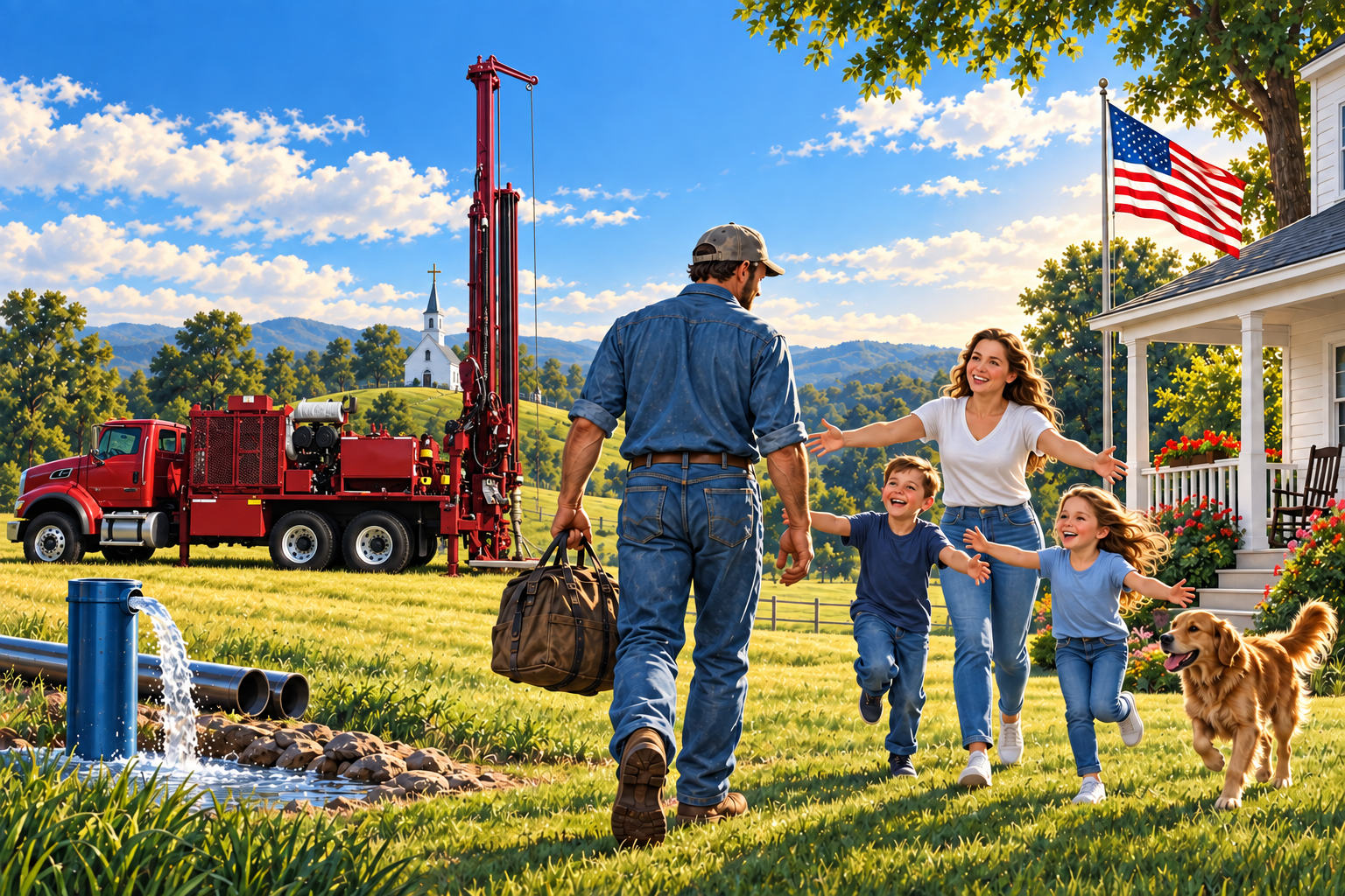 Modern illustration of an American drilling family, a church with a cross, the American flag, and a well rig with a rear-mounted mast