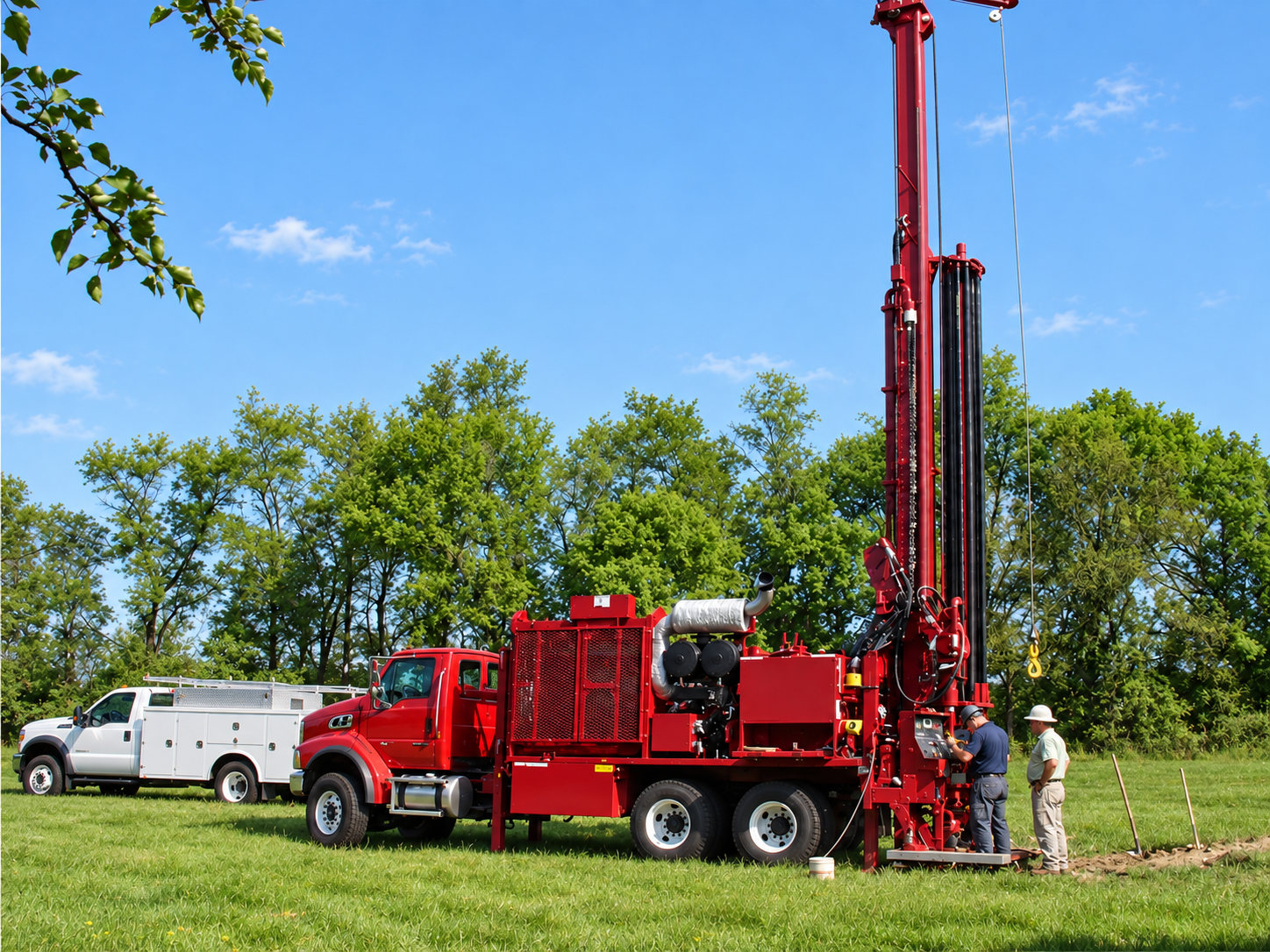 Red water well rig with a white service truck and technician working at the rear controls while the driller watches