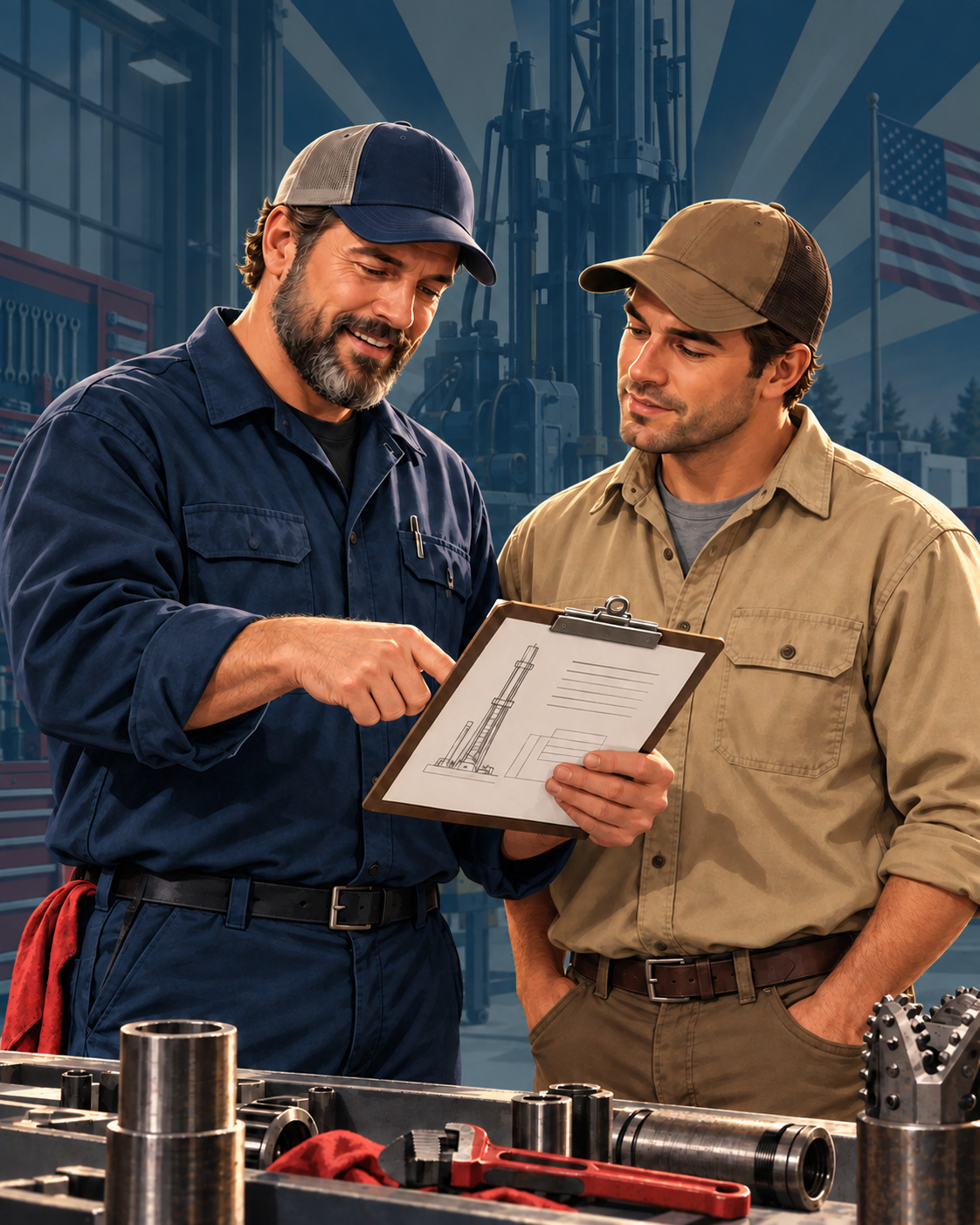 Modern Americana illustration of a technician and driller reviewing a service plan together