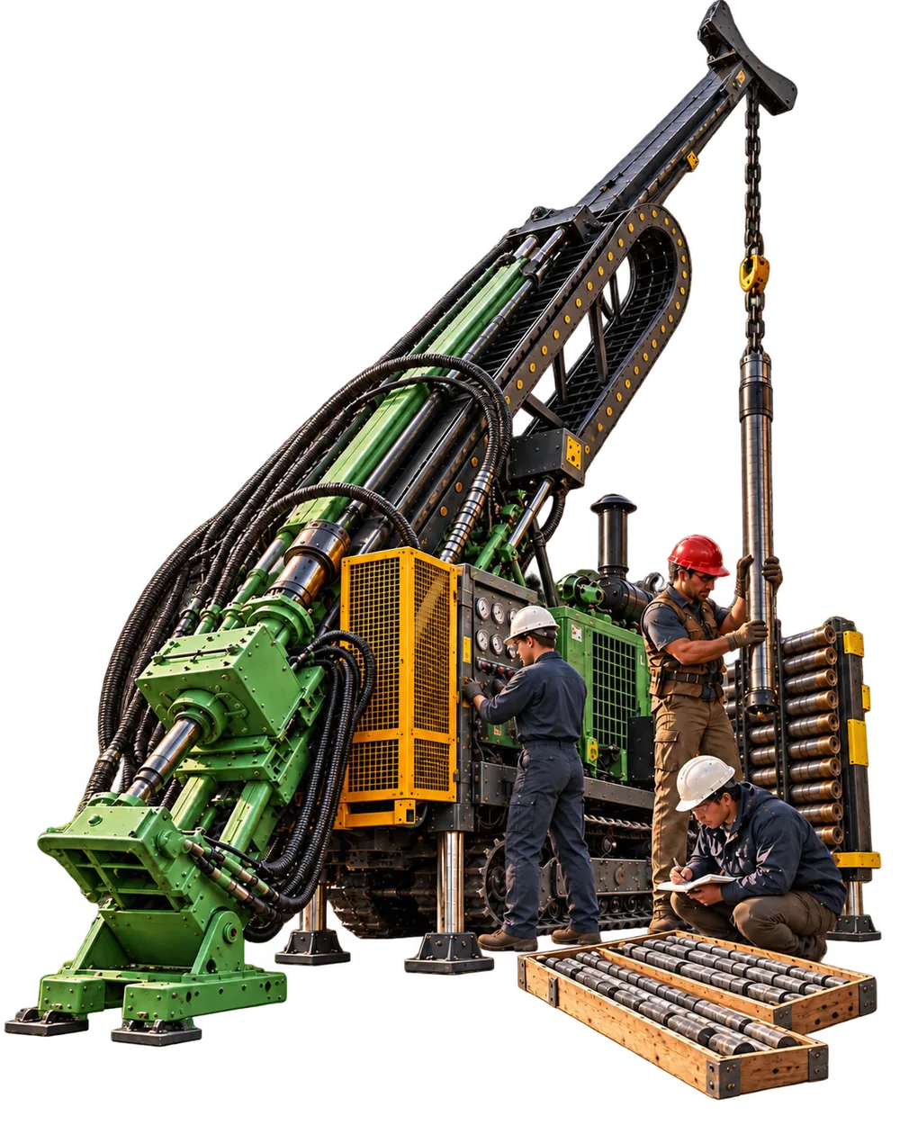 Front-mast mineral exploration rig with three RDSI field crew members and core equipment
