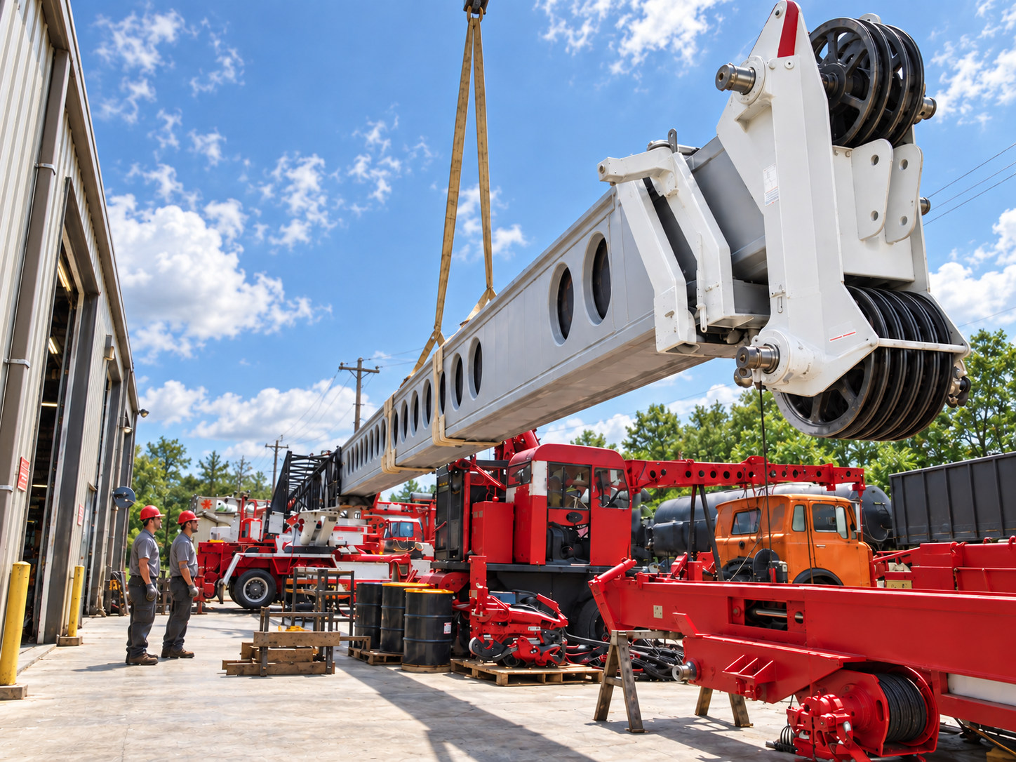Edited visualization of the RDSI workshop yard from a low viewpoint, with refurbished equipment, a suspended drilling mast and a natural blue sky